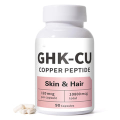 GHK-Cu peptide bottle closeup for daily skin and hair care.
