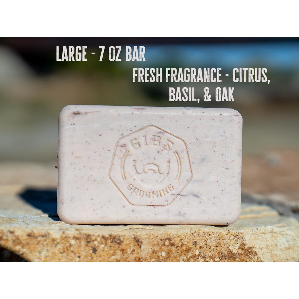 GIBS Handle Bar exfoliating soap basil oak scent for a fresh aroma.