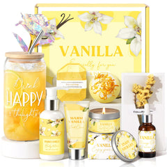 GiftPeak vanilla spa gift box in bright yellow, ideal birthday gift for her.