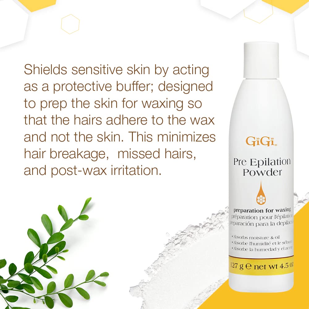 GIGI moisturizing powder absorbs oils and moisture before waxing for cleaner results.