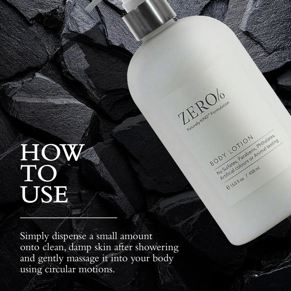 Zero% Unisex Body Lotion in bathroom setting for daily use