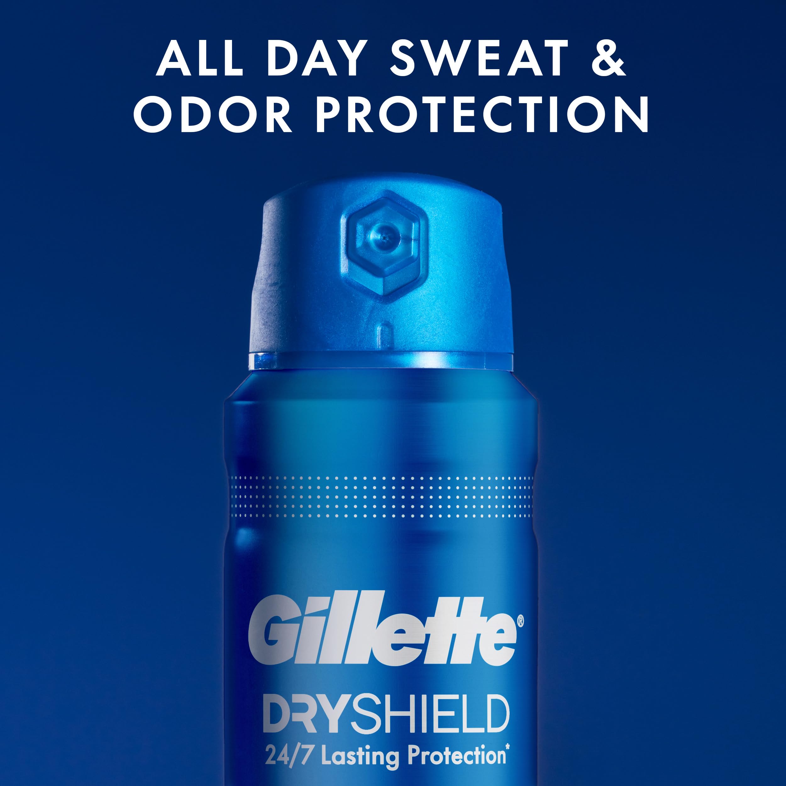 Icons highlighting 24/7 protection and odor control from Gillette dry spray