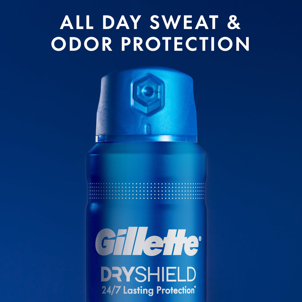 Icons highlighting 24/7 protection and odor control from Gillette dry spray