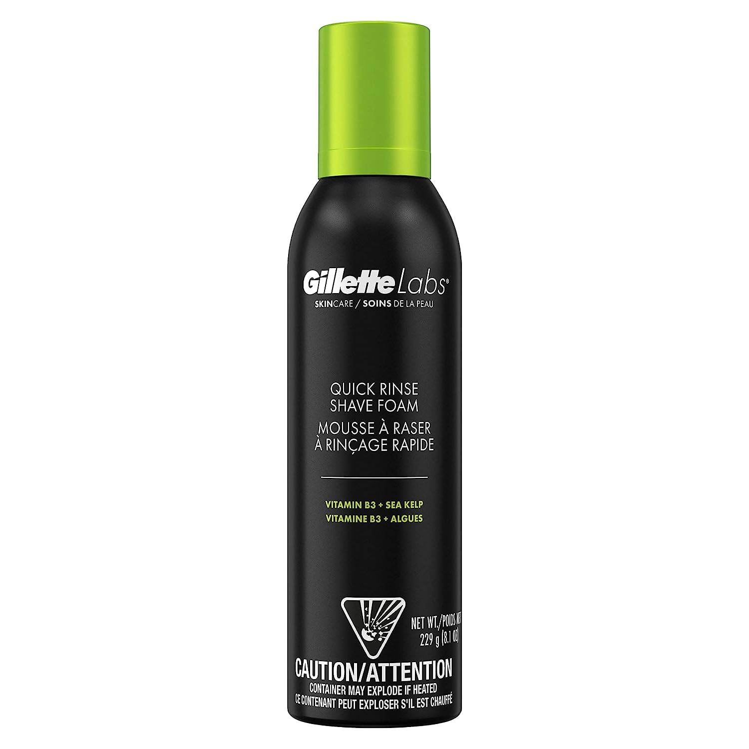 Gillette Labs Quick Rinse Foam bottle shows lightweight formula for quick rinse