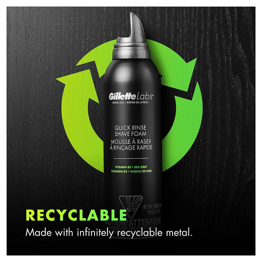 Empty recyclable packaging of Gillette Labs Quick Rinse Foam highlights sustainability