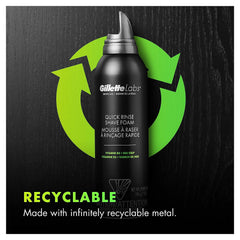 Empty recyclable packaging of Gillette Labs Quick Rinse Foam highlights sustainability