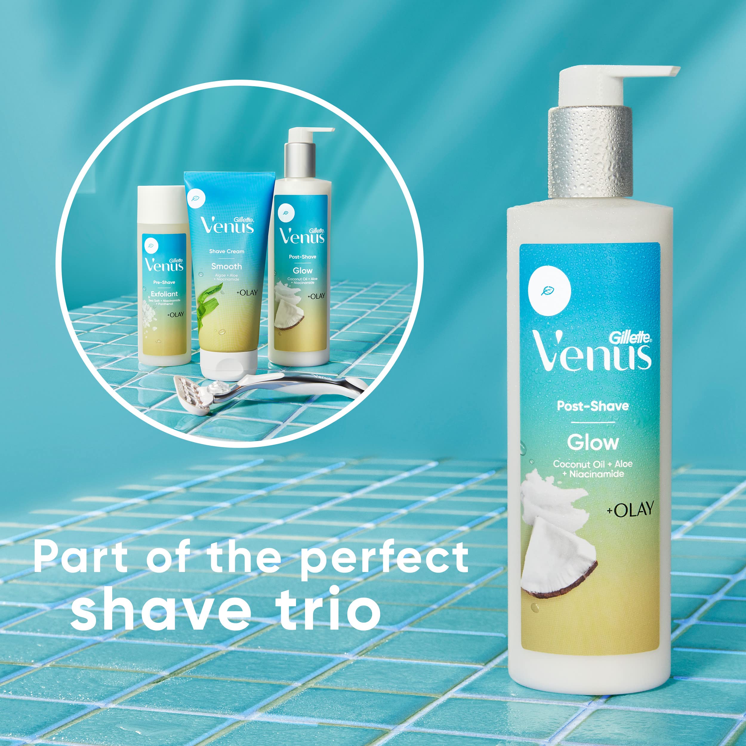 Gillette Venus Glow beside towel and razor for daily body hydration routine.