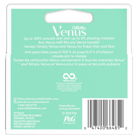 Gillette Venus Smooth Sensitive cartridges packaging closeup showcasing easy grip design.