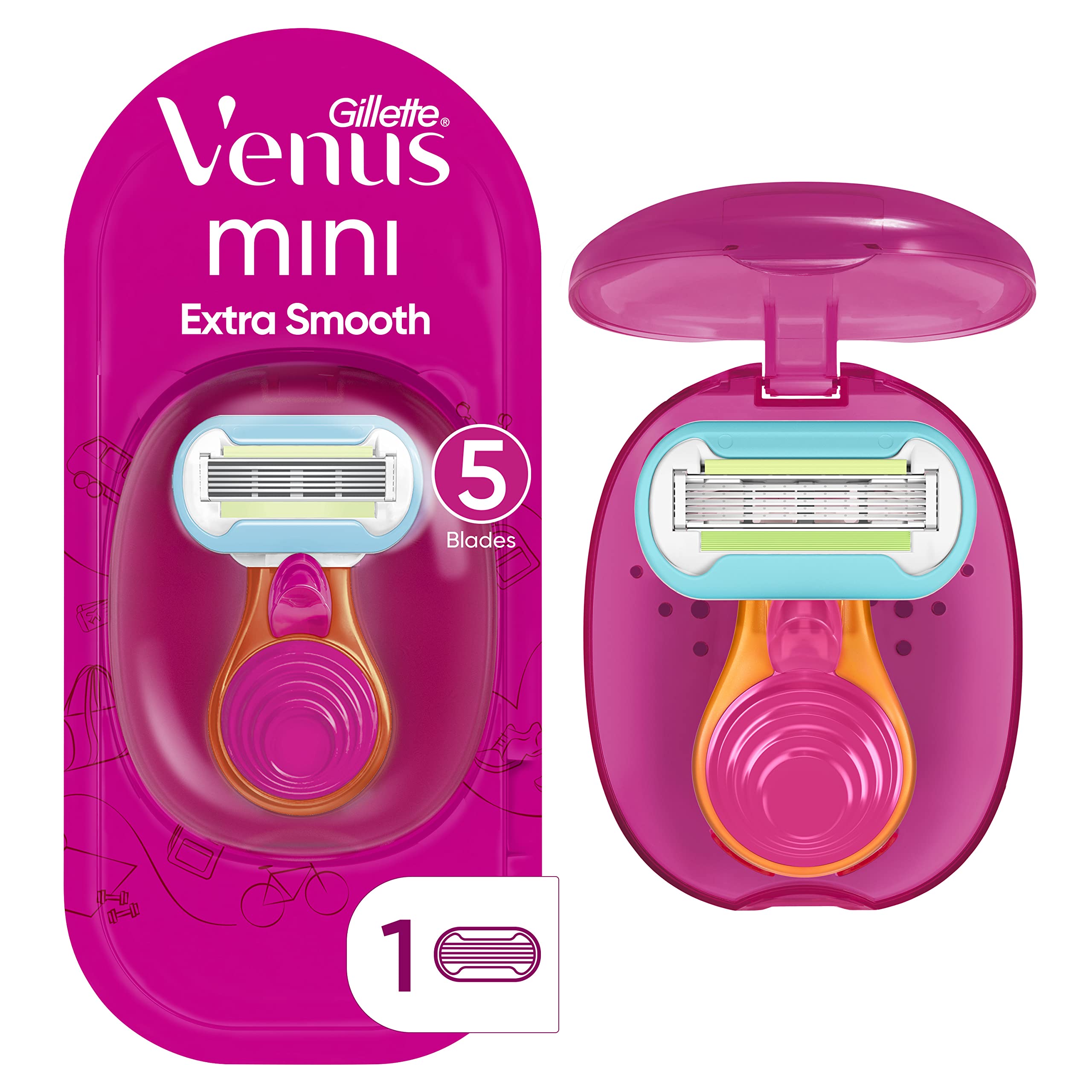 Gillette Venus Snap Cosmo Pink razor in purse-ready form for quick on-the-go smoothing.