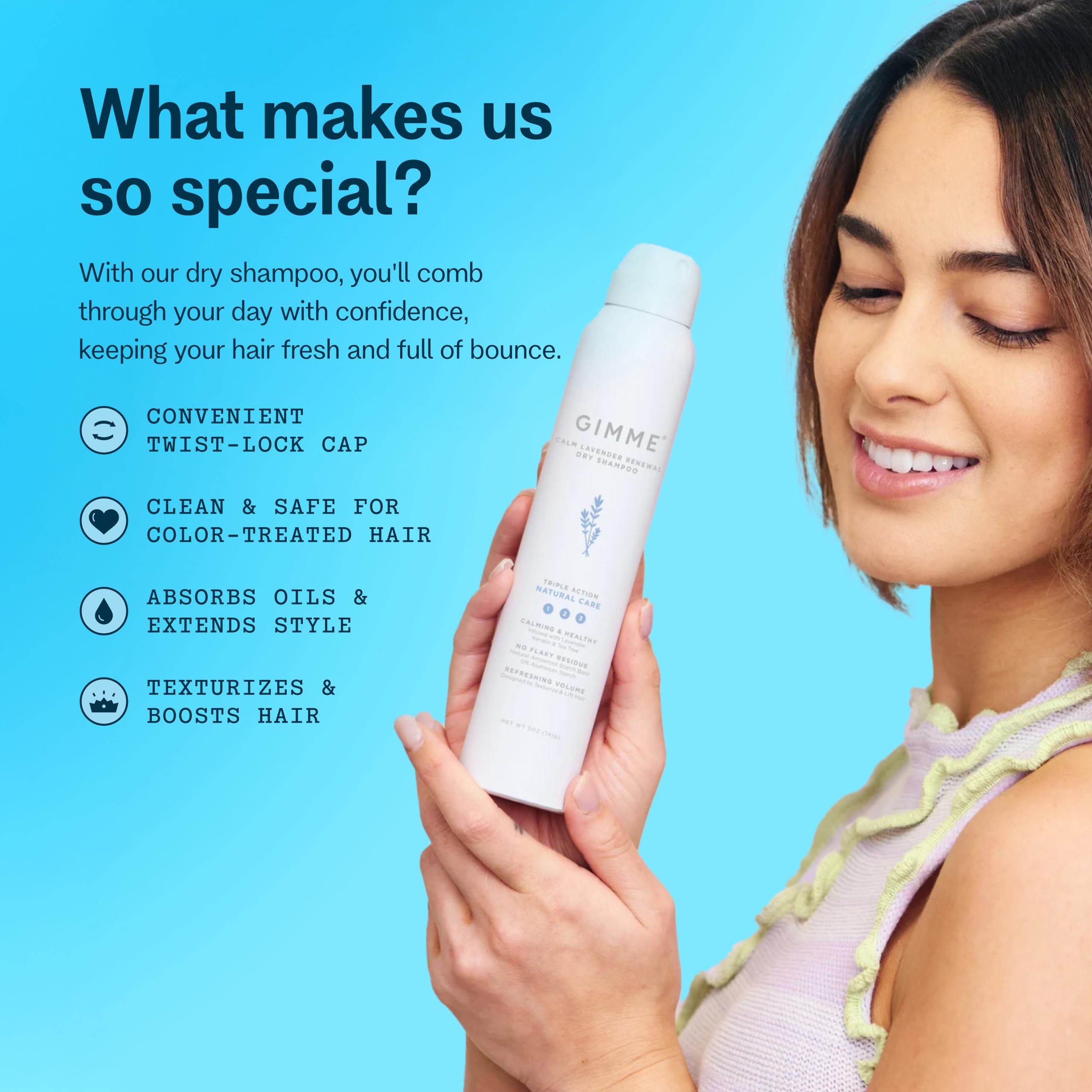 GIMME Beauty Dry Shampoo highlights biotin, aloe vera and keratin for hair nourishment.