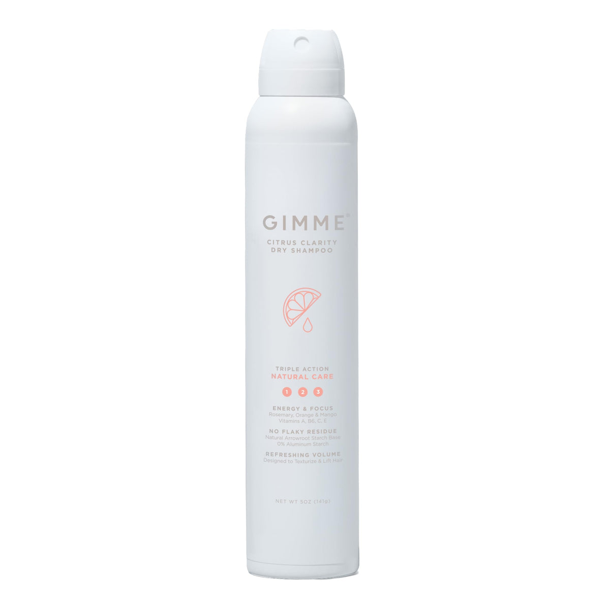 GIMME Beauty Dry Shampoo bottle shows Citrus Clarity for oil absorption.