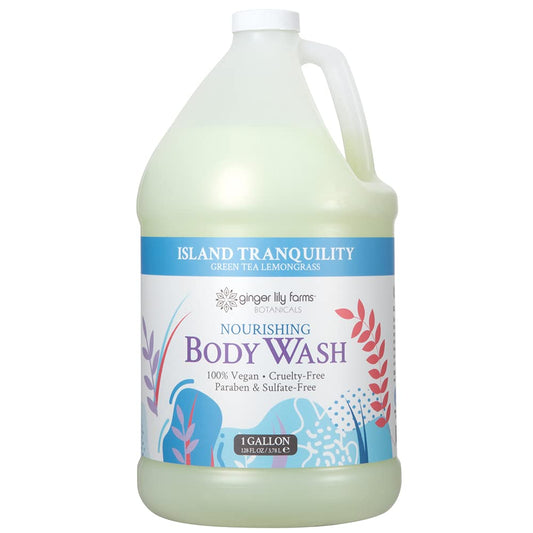 Ginger Lily Farms Island Tranquility label evokes calm scent for a refreshing shower.
