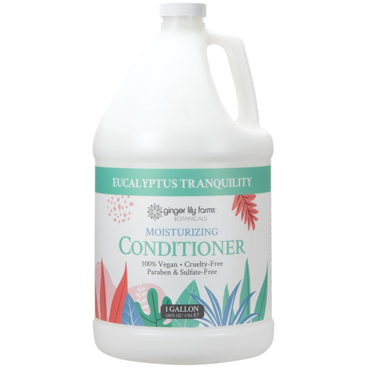 Ginger Lily Farms Botanicals Moisturizing Conditioner bottle shows Eucalyptus Tranquility for soft, shiny hair.
