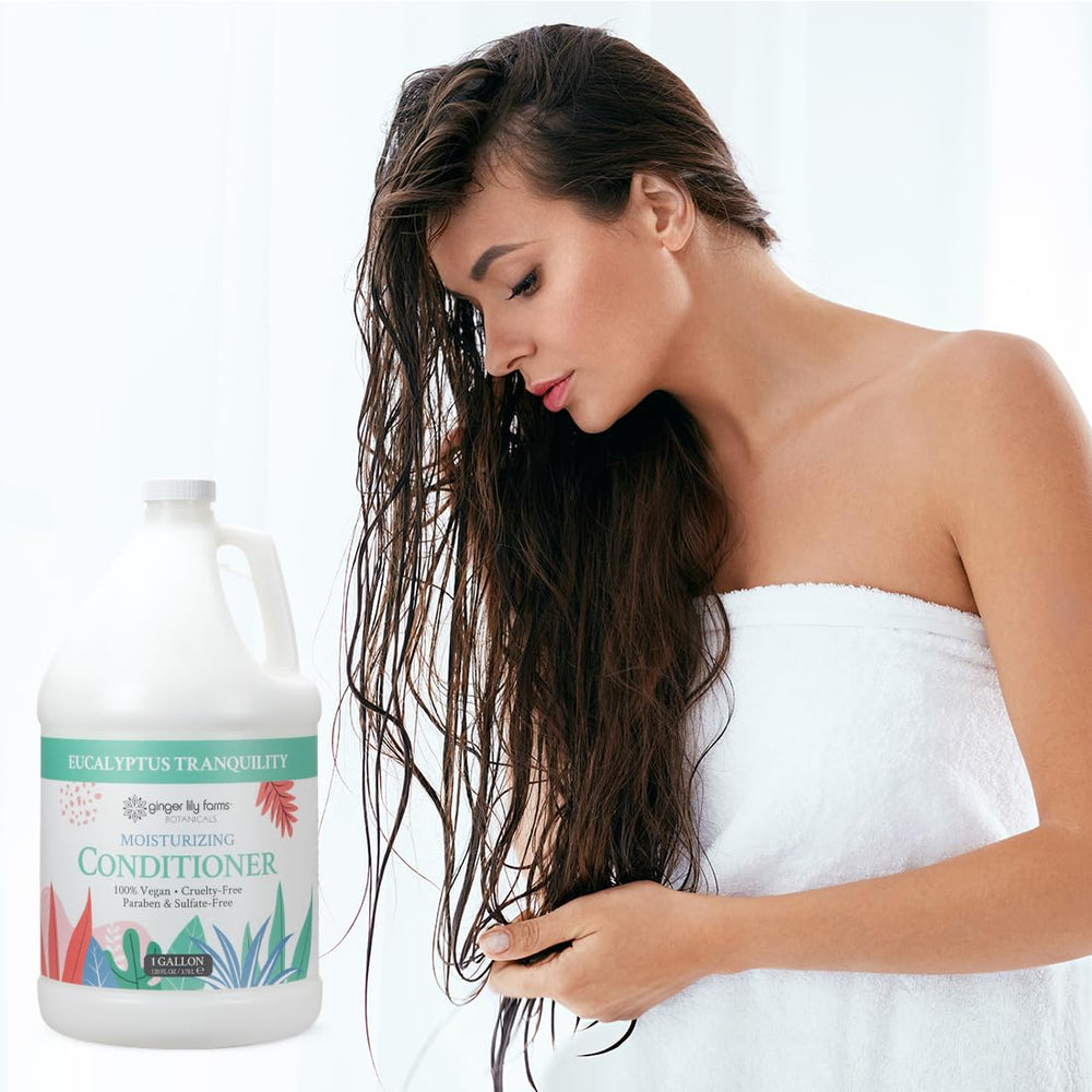 Ginger Lily Farms Botanicals Moisturizing Conditioner being applied to hair strands nourishes daily.