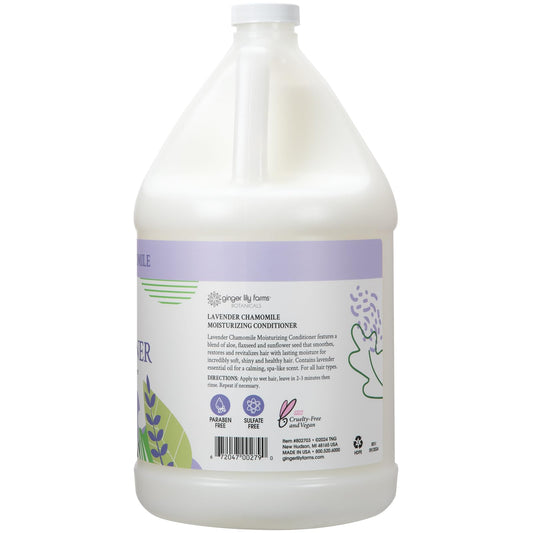 Ginger Lily Farms Botanicals lavender chamomile conditioner label highlights vegan, cruelty-free formula.