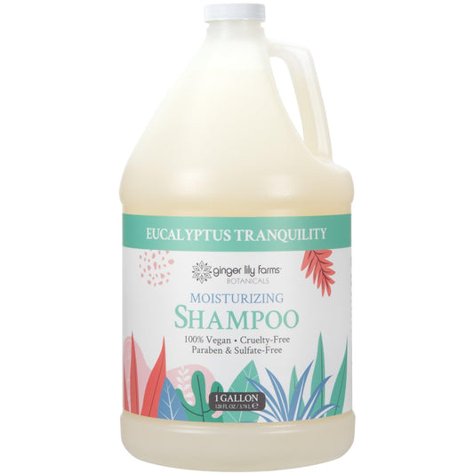 Ginger Lily Farms Botanicals moisturizing shampoo bottle with eucalyptus tranquility, delivering lasting moisture for all hair types.