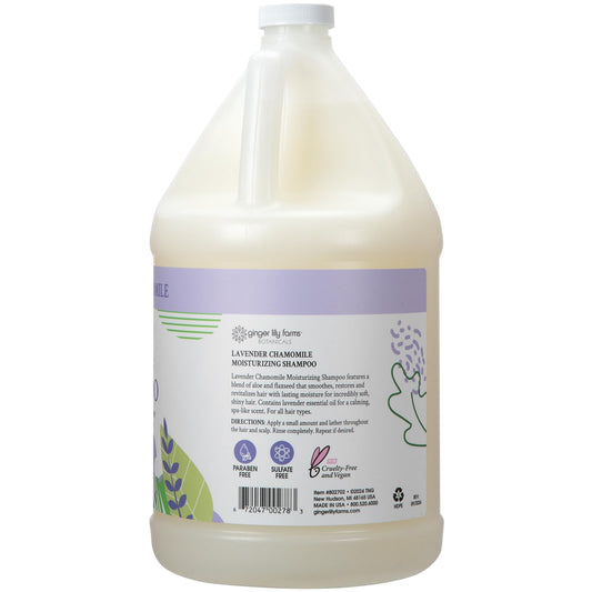 Close-up of Ginger Lily Farms shampoo bottle with lavender chamomile fragrance.