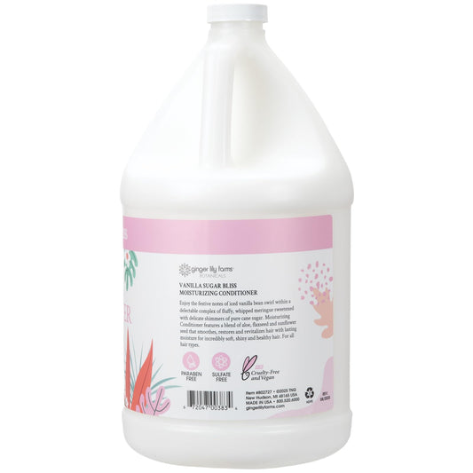 Close-up of Ginger Lily Farms Botanicals Vanilla Sugar Bliss label showing vegan and cruelty-free quality