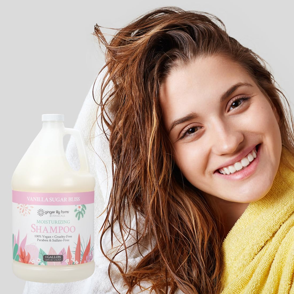 Ginger Lily Farms Vanilla Sugar Bliss ingredient list shows aloe, flaxseed, and vitamin B5