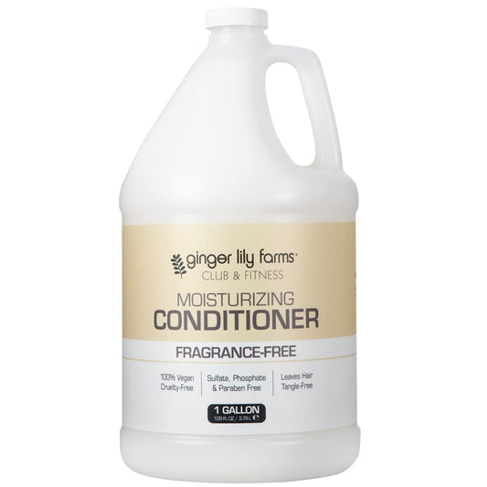 Ginger Lily Farms Club & Fitness moisturizing conditioner bottle on shelf for easy refills
