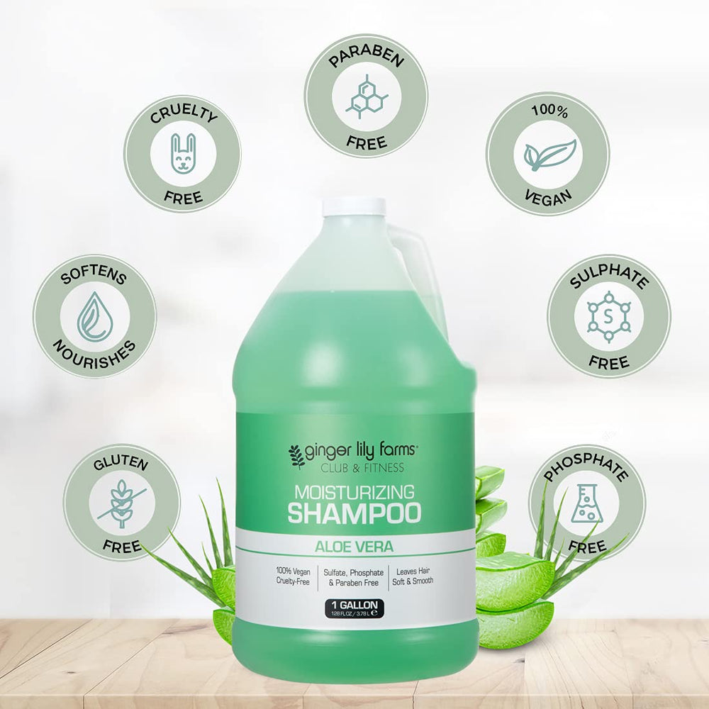 Ginger Lily Farms refill bottle sits in a locker-room setting for economical use.