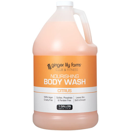 Ginger Lily Farms Club & Fitness Nourishing Body Wash label close-up showing vegan, toxin-free formula