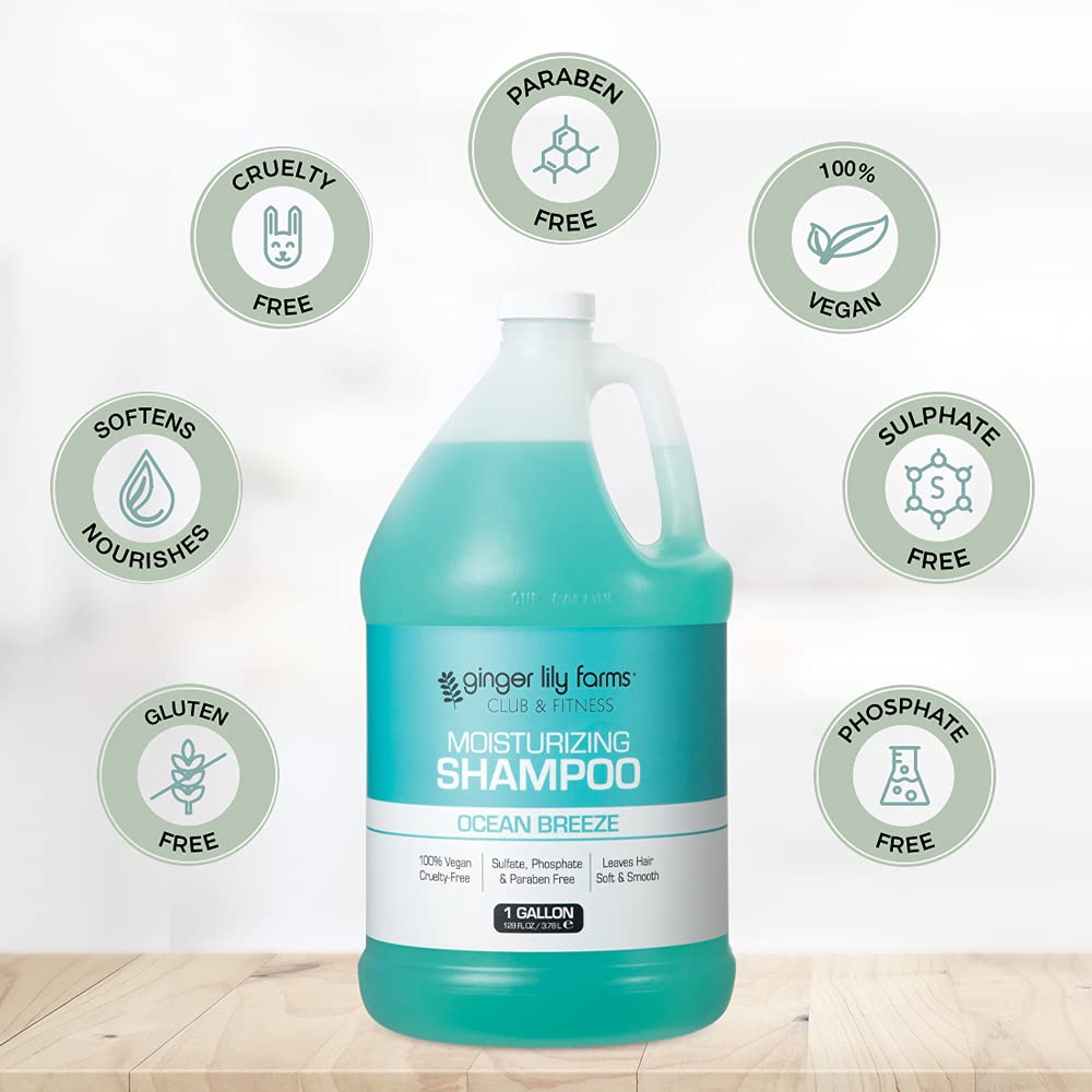 Locker room setting featuring Ginger Lily Farms shampoo refill pack for easy restocking.