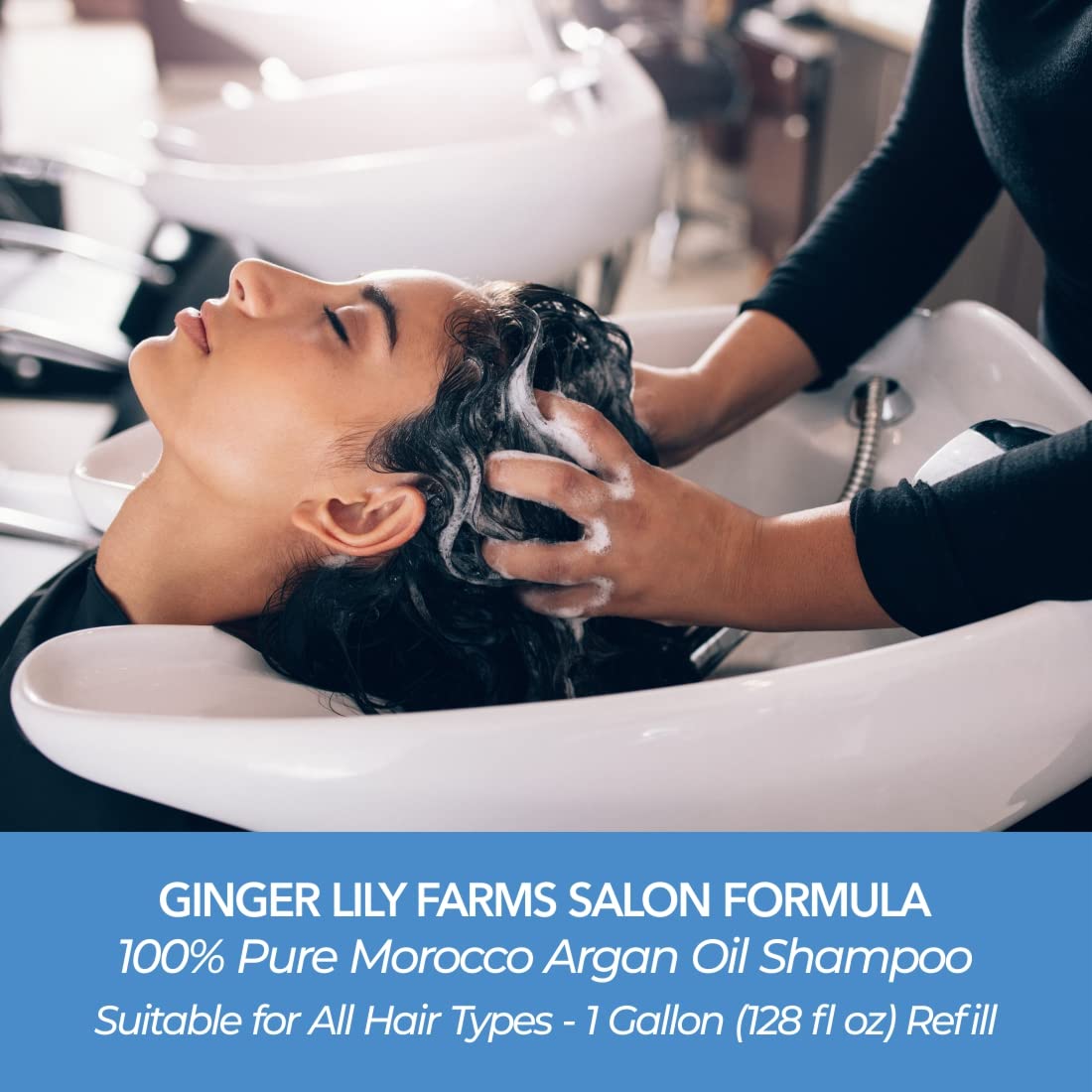 Hair being washed with Ginger Lily Farms shampoo delivering radiant, silky results.