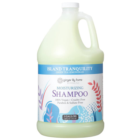 Ginger Lily Farms Island Tranquility shampoo label closeup showing ingredients