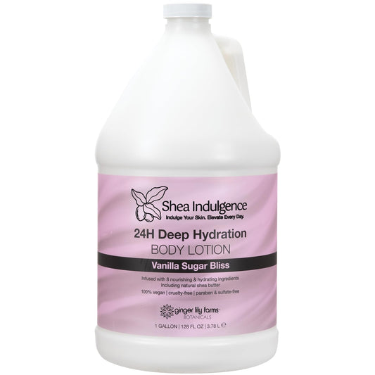 Ginger Lily Farms Shea Indulgence gallon bottle highlighting deep hydration for all-day softness