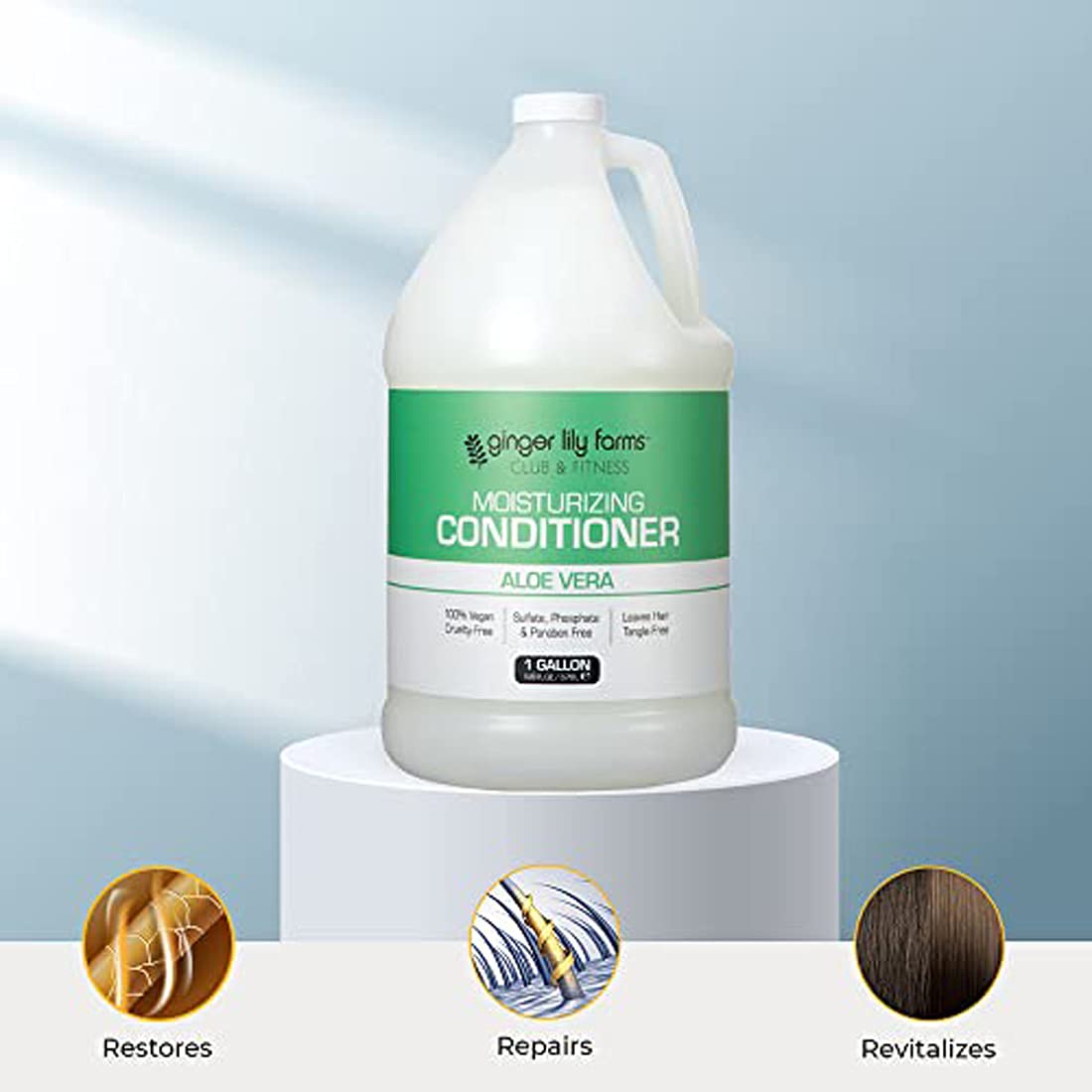Locker room or gym dispensers filled with Ginger Lily Farms conditioner.