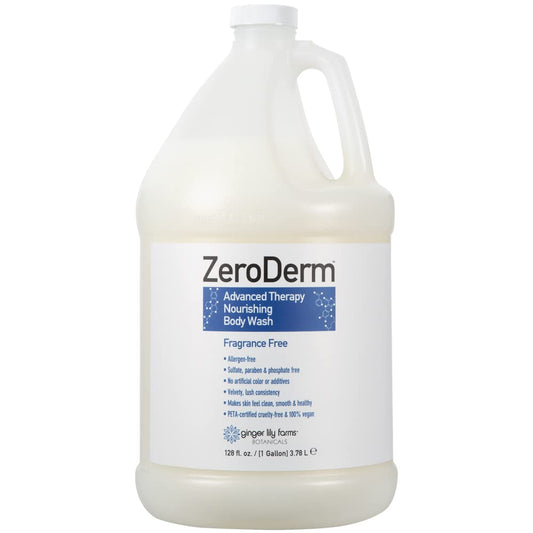 Ginger Lily Farms ZeroDerm bottle pouring a rich fragrance-free lather for daily cleansing