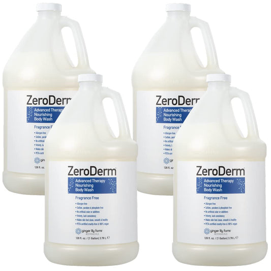 Ginger Lily Farms ZeroDerm bottle front label shows fragrance-free formula for sensitive skin.