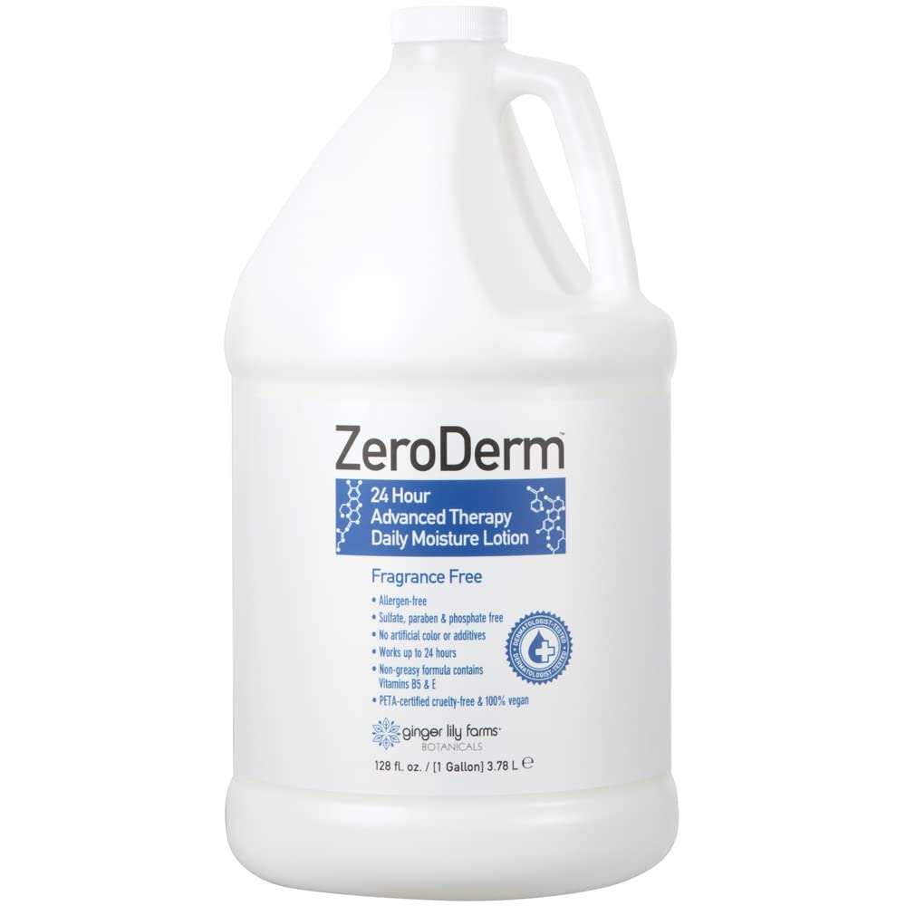 Ginger Lily Farms ZeroDerm bottle showing fragrance-free, allergen-free lotion for sensitive skin.