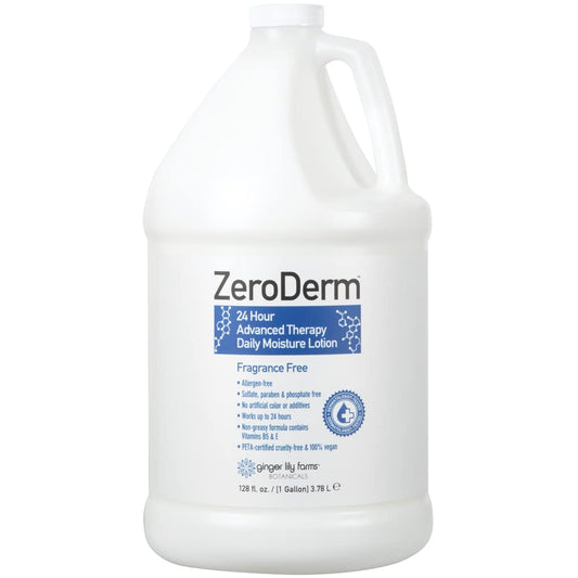 Ginger Lily Farms ZeroDerm bottle showing fragrance-free, allergen-free lotion for sensitive skin.