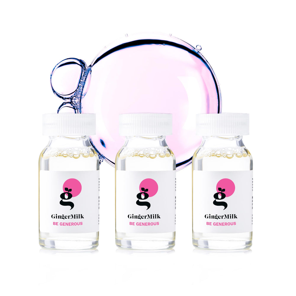 Ginger Milk Nutritive Ampoule bottle and 3-pack for nourishing hair care.
