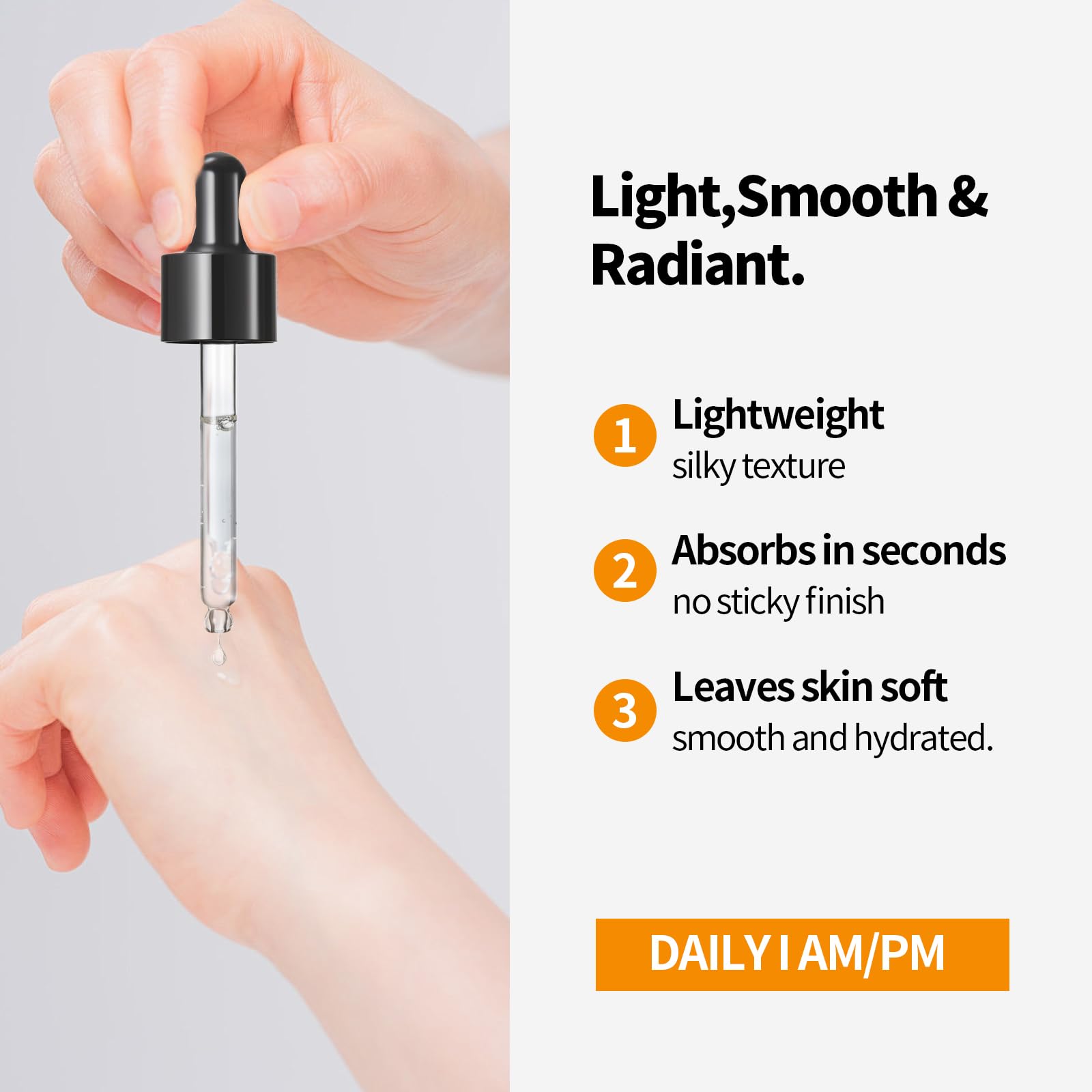 GINILOO serum applied on hand demonstrating lightweight feel benefit: visible hydration