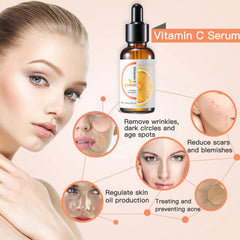 GINILOO serum flatlay with vitamin C fruit and hyaluronic vial benefit: highlighted actives