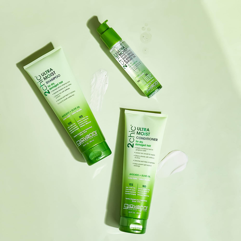 Conditioner on display showing hydration and shine benefits.