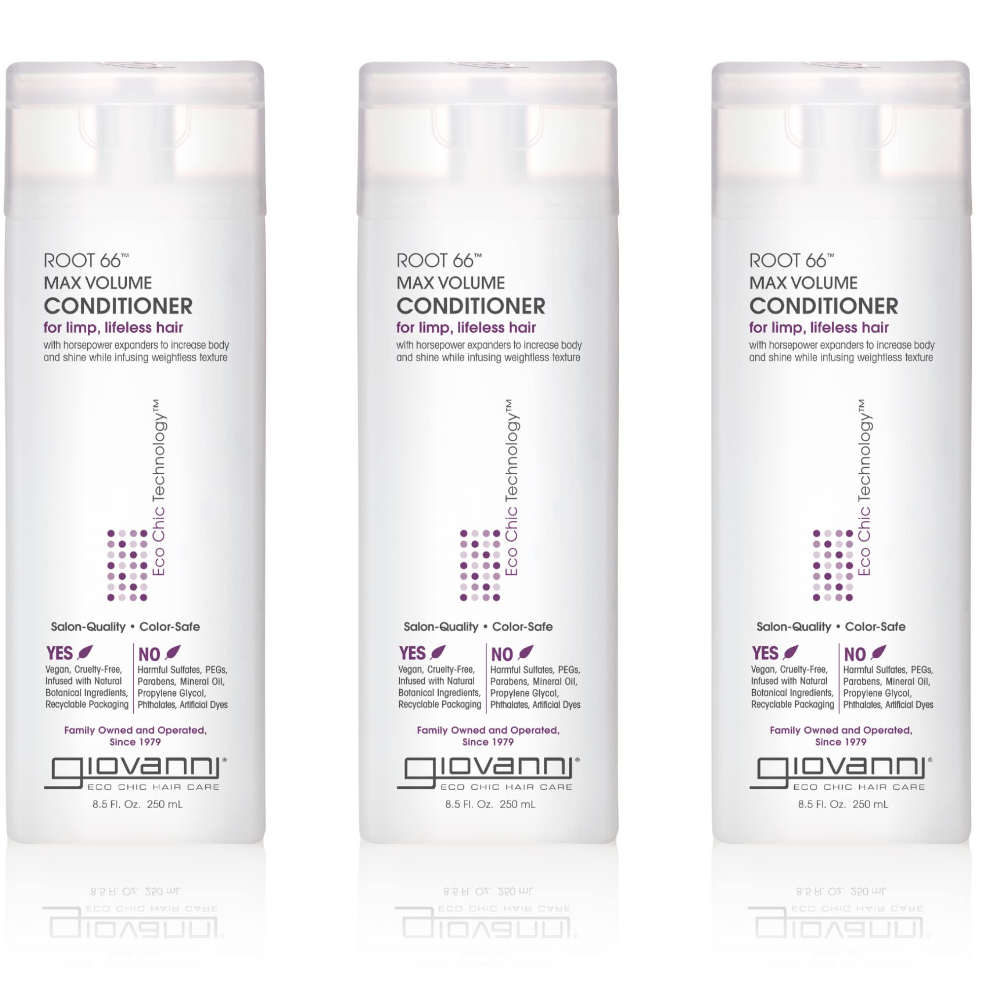 Giovanni 2chic Root 66 max volume conditioner bottle shows volumizing formula for fine hair.