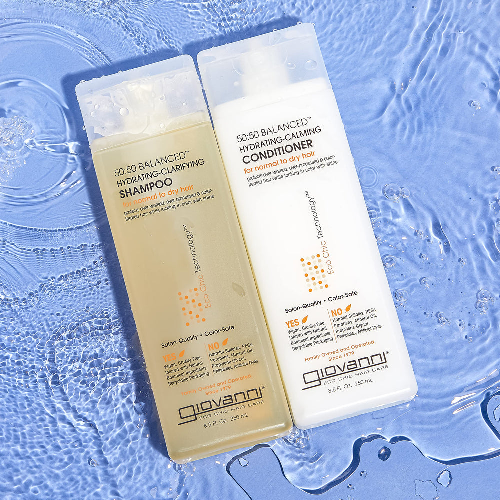 GIOVANNI 50:50 Balanced Conditioner close-up reveals calming hydration on strands.