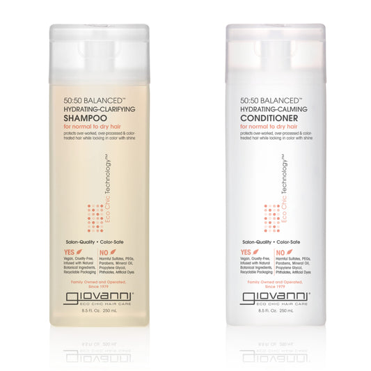 GIOVANNI 50:50 Balance Shampoo bottle shows hydrating cleanse for all hair types.