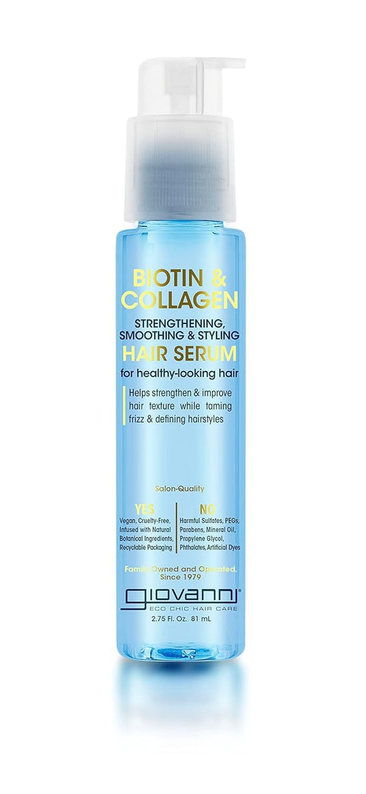 GIOVANNI Biotin & Collagen serum bottle delivers frizz control and radiant shine.