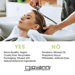 Giovanni Biotin & Collagen Shampoo bottle back shows ingredients and vegan, cruelty-free promise.