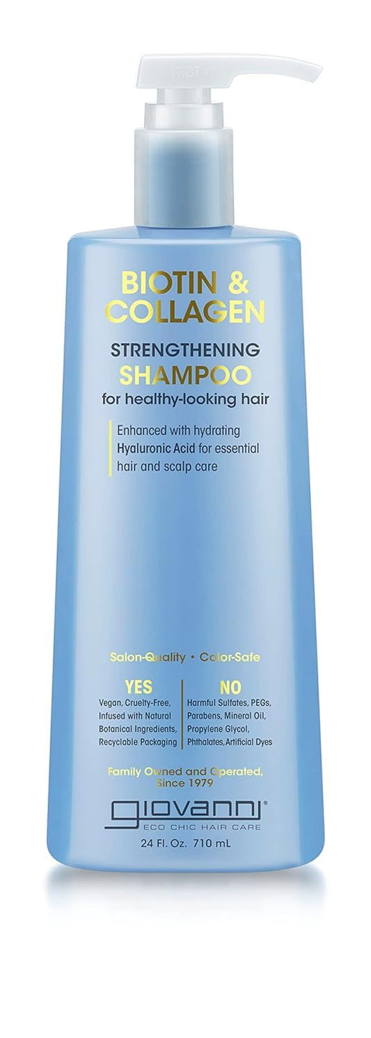 Giovanni Biotin & Collagen Shampoo bottle front highlights strength boost and added volume.