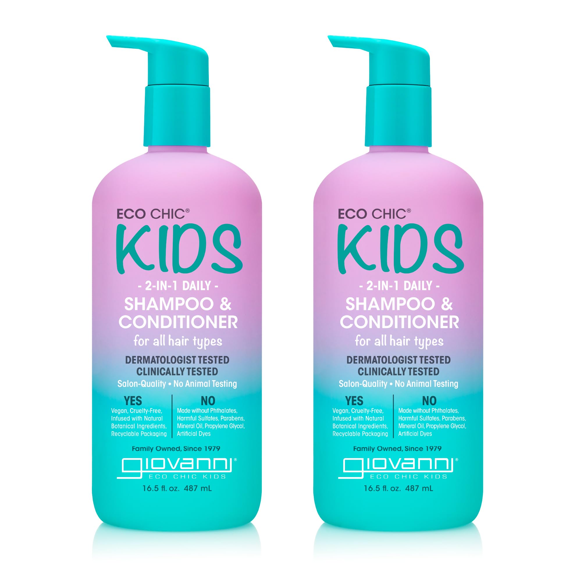 Giovanni Eco Chic Kids 2-in-1 bottle showing gentle cleansing and hydration for all hair types.