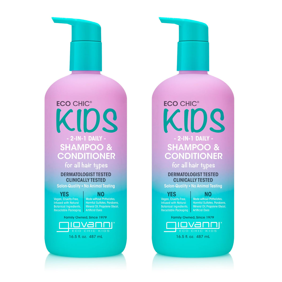 Giovanni Eco Chic Kids 2-in-1 bottle showing gentle cleansing and hydration for all hair types.