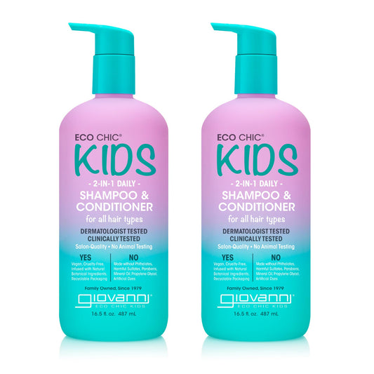 Giovanni Eco Chic Kids 2-in-1 bottle showing gentle cleansing and hydration for all hair types.