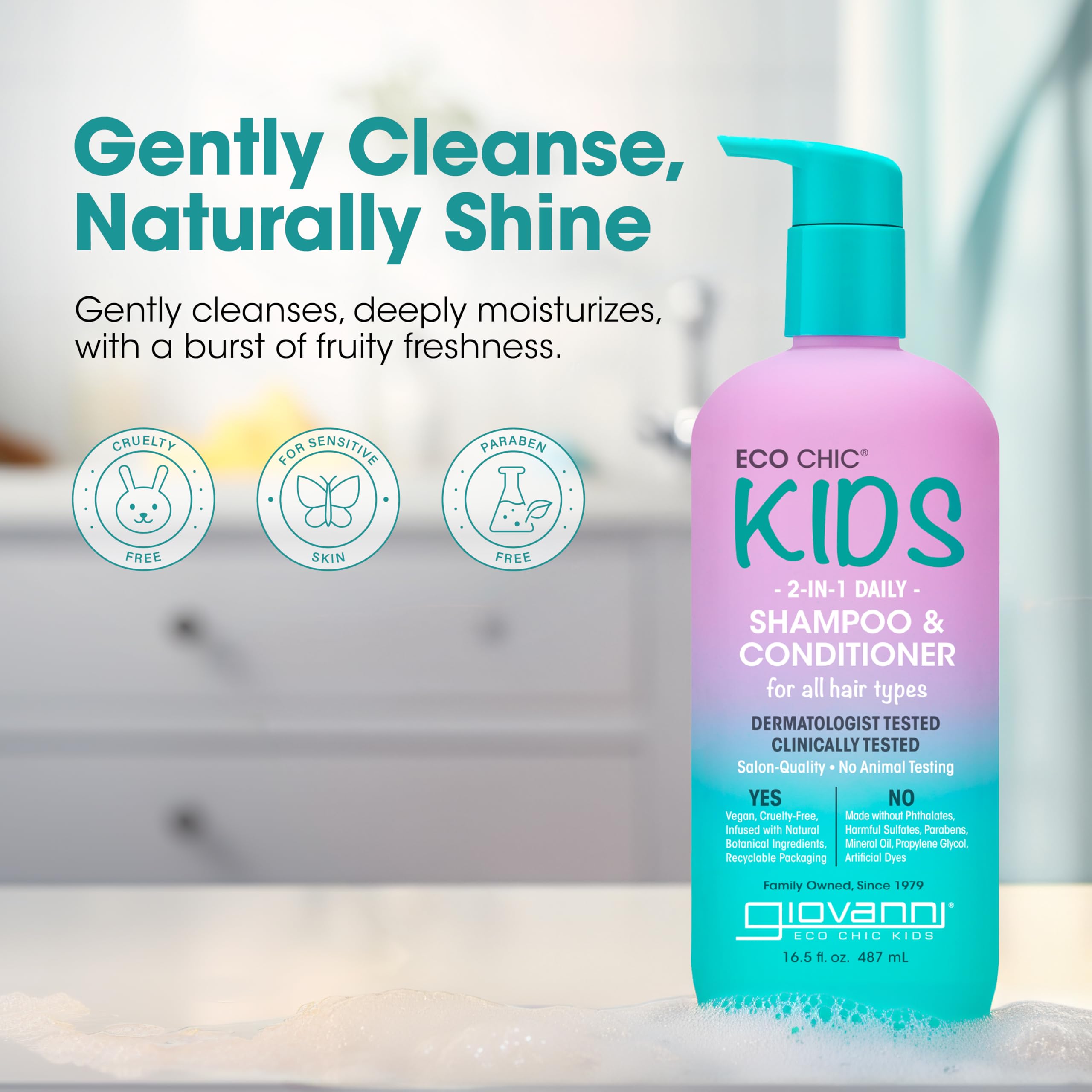Giovanni Eco Chic Kids 2-in-1 lather with fruity fragrance and playful bubbles for kids.