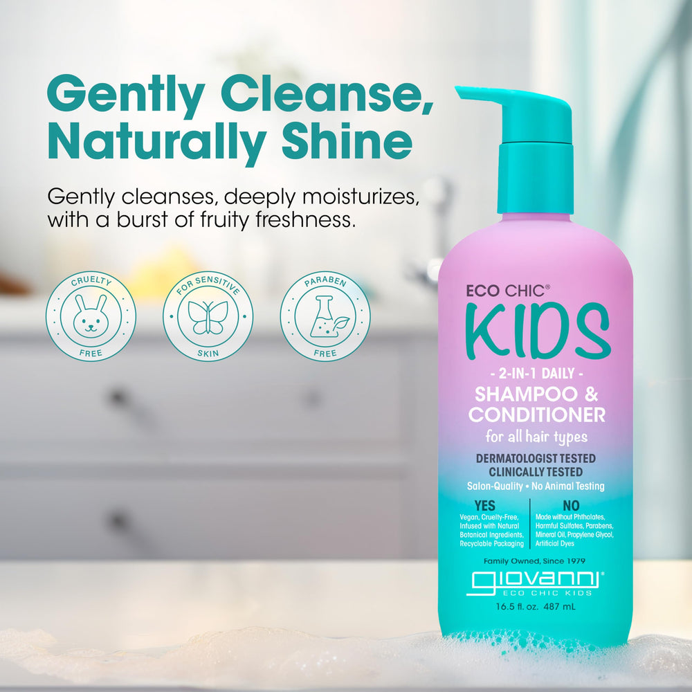 Giovanni Eco Chic Kids 2-in-1 lather with fruity fragrance and playful bubbles for kids.